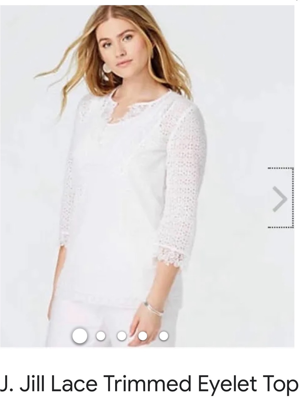 J. Jill White Lace-Trim Eyelet Blouse Size Large